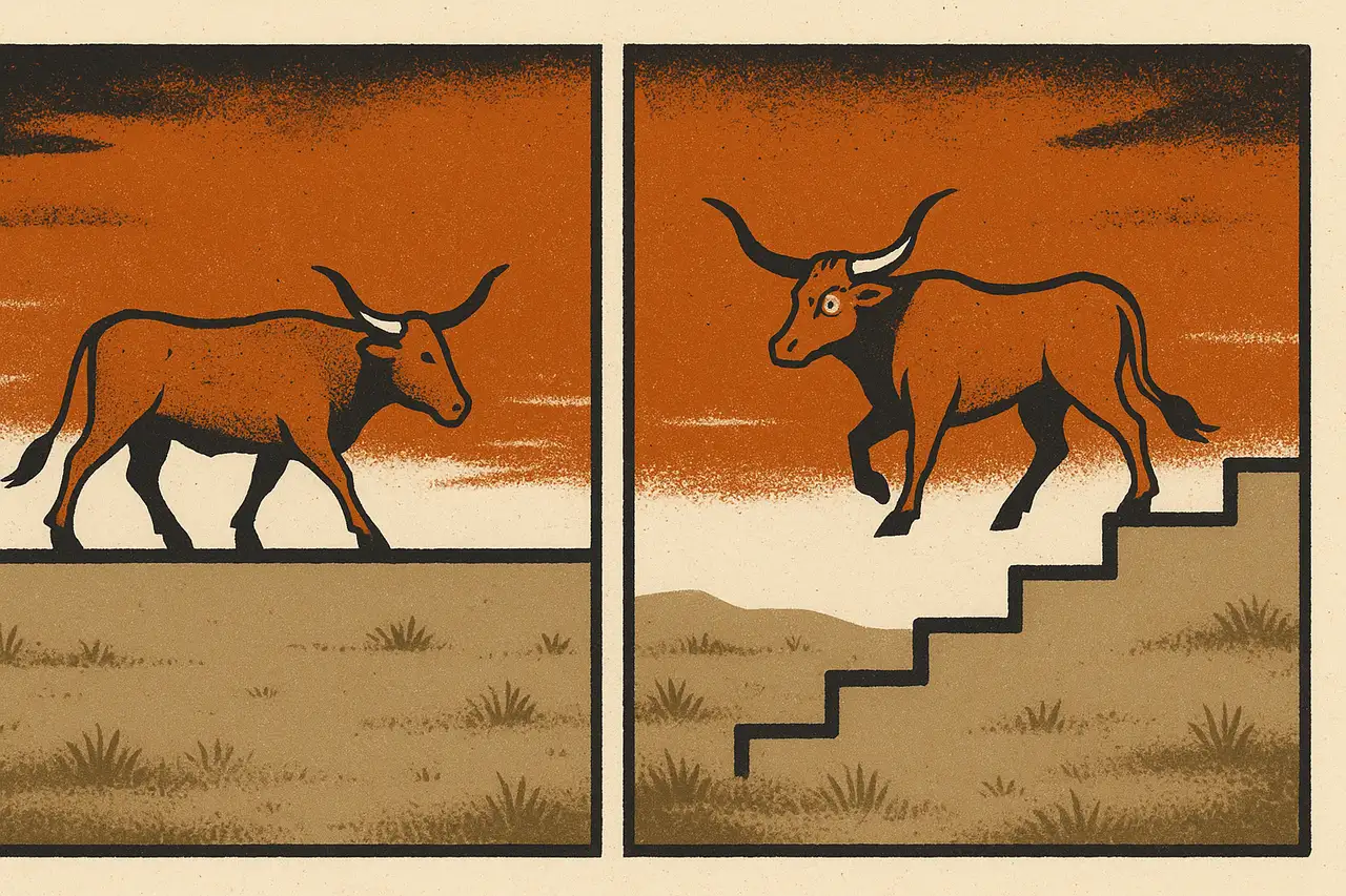 Screen-print western diptych contrasting two drawdown types: on the left a relaxed longhorn walks above a single flat, unmoving baseline (static drawdown); on the right a tense longhorn stands over a jagged staircase line creeping upward toward its hooves (trailing drawdown).