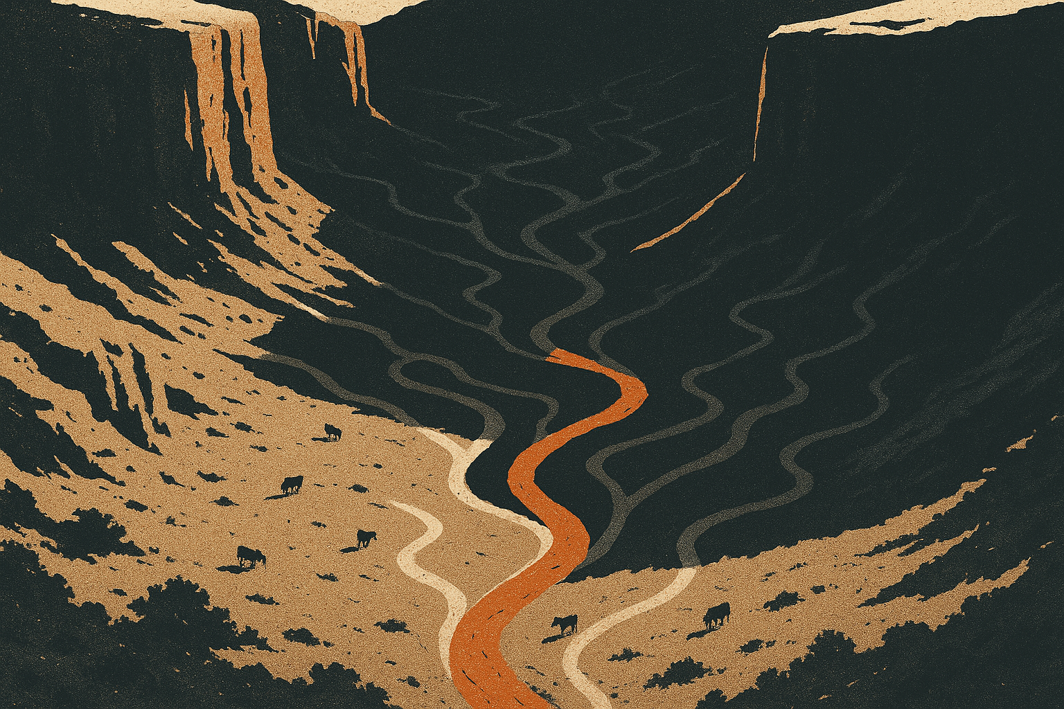 Screen-print poster illustration of a deep desert canyon with many forking trails between mesa walls, only one path lit in ember orange while a few lone cattle are scattered far apart, conveying that only a small fraction make it through.