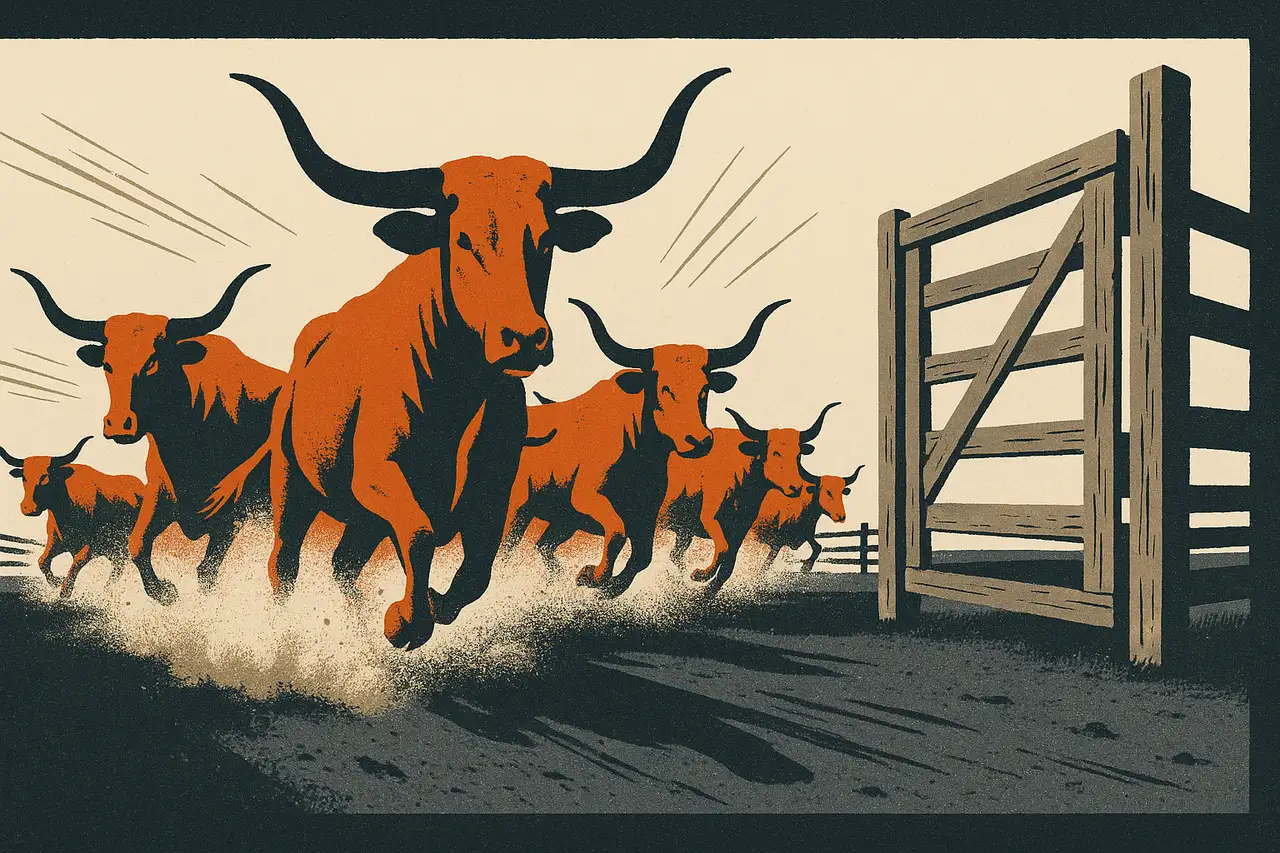 Screen-print illustration of a charging herd of longhorn cattle bursting through an open corral gate in a cloud of dust, conveying payouts that arrive fast in minutes rather than on a monthly calendar