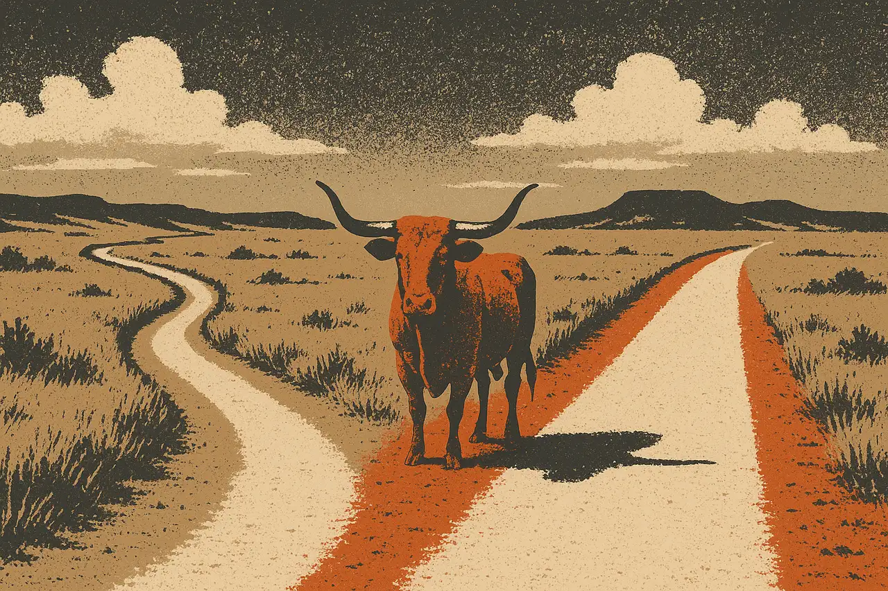 Screen-print illustration of a lone Texas longhorn standing at a fork where a narrow winding trail and a broad straight road diverge across an open western plain, evoking the choice between two prop firm paths