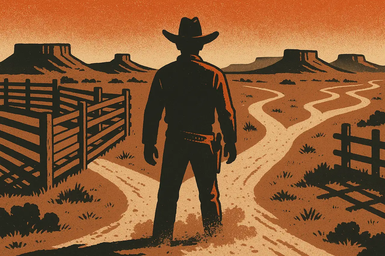 Screen-print poster illustration of a lone Texan trader standing at a fork in a dusty cattle trail at dusk, one path boxed into a tight fenced cattle chute and single pen, the other opening wide onto an open plain that branches into several diverging trails toward distant mesas, symbolizing a US trader choosing between a prop firm that boxes them into one market with rigid trailing rules and an alternative offering every market with a simpler static path.