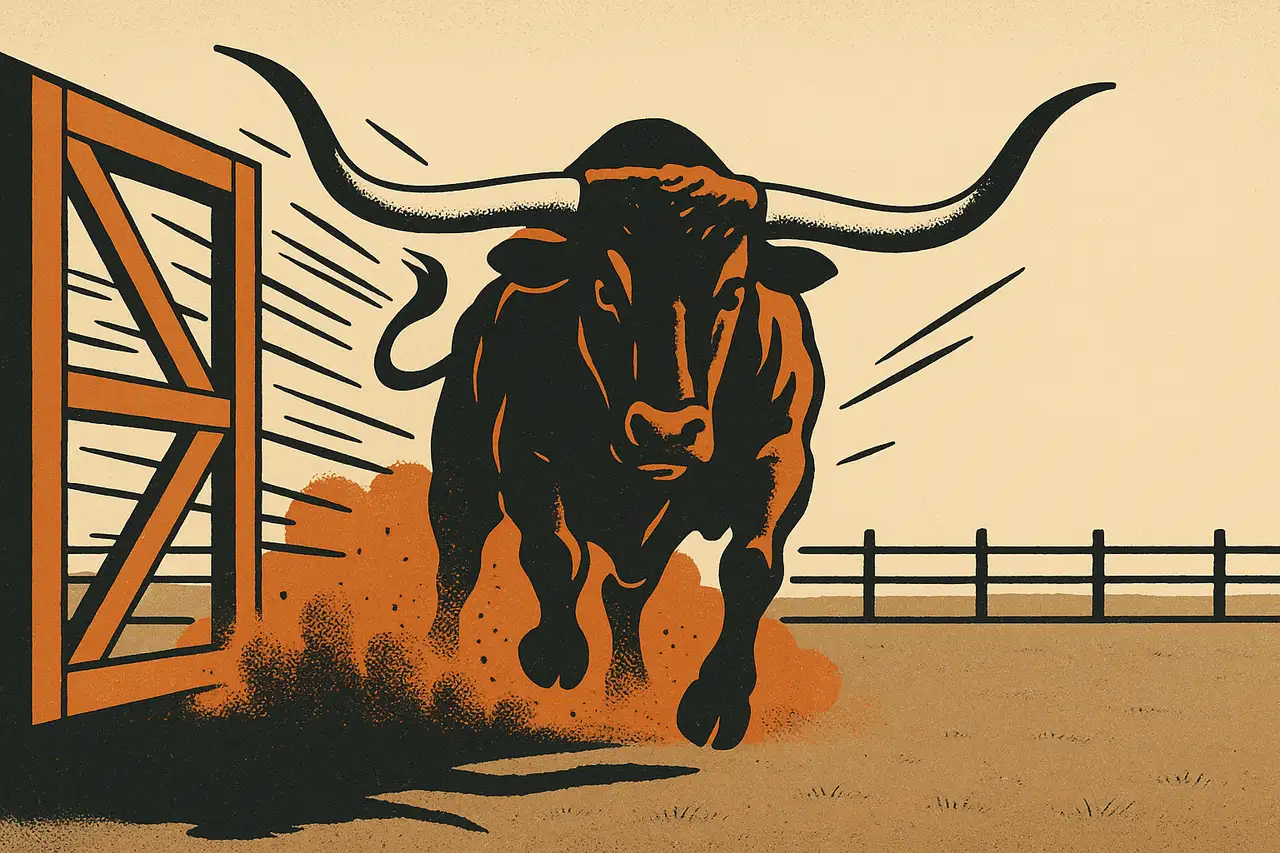 Screen-print poster illustration of a charging longhorn steer bursting out of an open corral gate straight toward the viewer across a flat Texas plain, kicking up a cloud of dust with bold western motion lines, the fence line behind staying level and unbroken to the horizon, symbolizing fast broker-speed payouts on steady, static-drawdown ground.