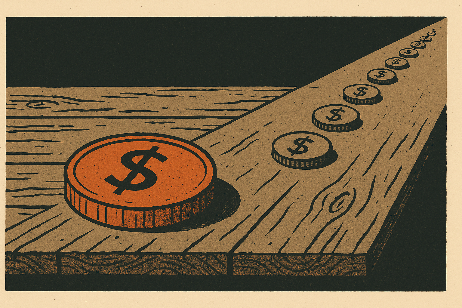 Screen-print illustration of a single large stamped ember-orange coin resting on a ranch table opposite a long marching row of identical small charcoal coins, contrasting one flat fee against an endless monthly subscription.