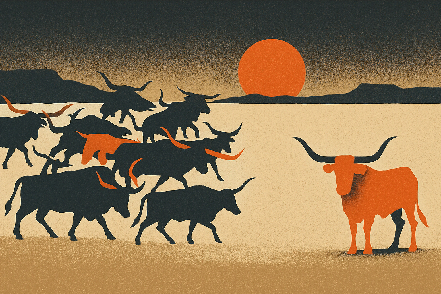 Screen-print illustration of a confident ember-orange longhorn steer at the edge of an open range where many trails fan out across the plain, beside one thin fenced chute, contrasting many markets to trade against a single narrow futures-only lane.