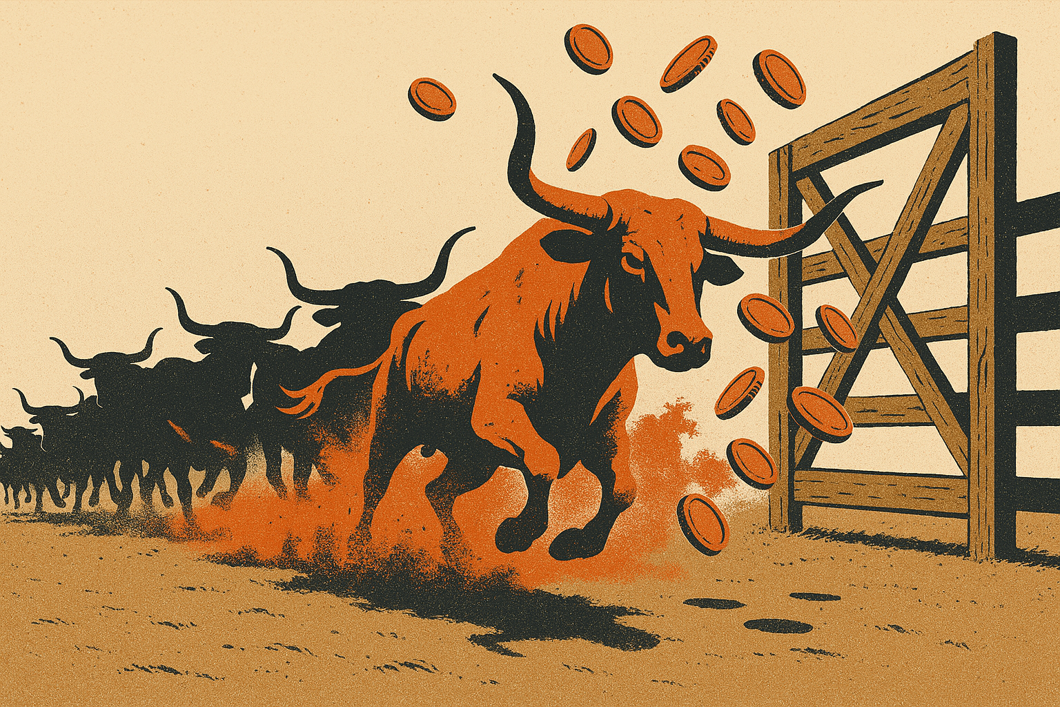 Screen-print illustration of a charging herd of longhorn cattle stampeding through a swung-open corral gate with dust and coins flying forward, evoking a fast same-day payout landing in minutes.