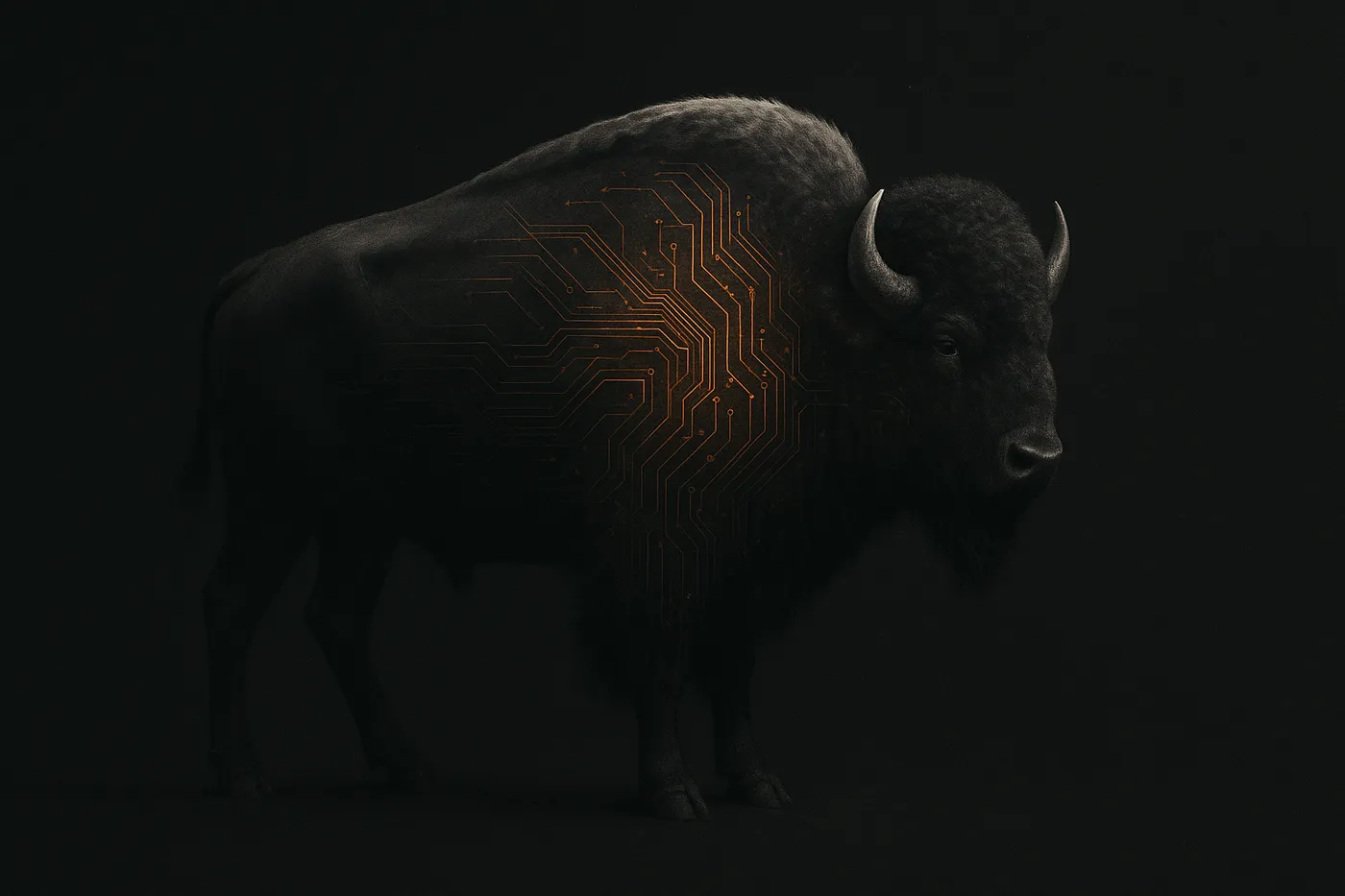 Charcoal screen-print of an American bison with fine ember-orange circuit traces glowing across its shoulder, representing an AI connected to a trading account.