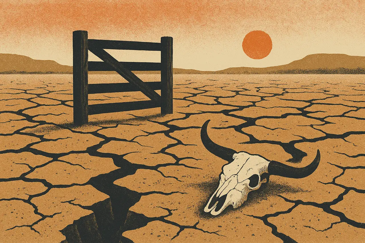 A cracked, parched desert hardpan with deep fissures, a closed wooden fence-gate standing on dry ground and a half-buried longhorn skull under a low ember sun, in a flat screen-print poster style