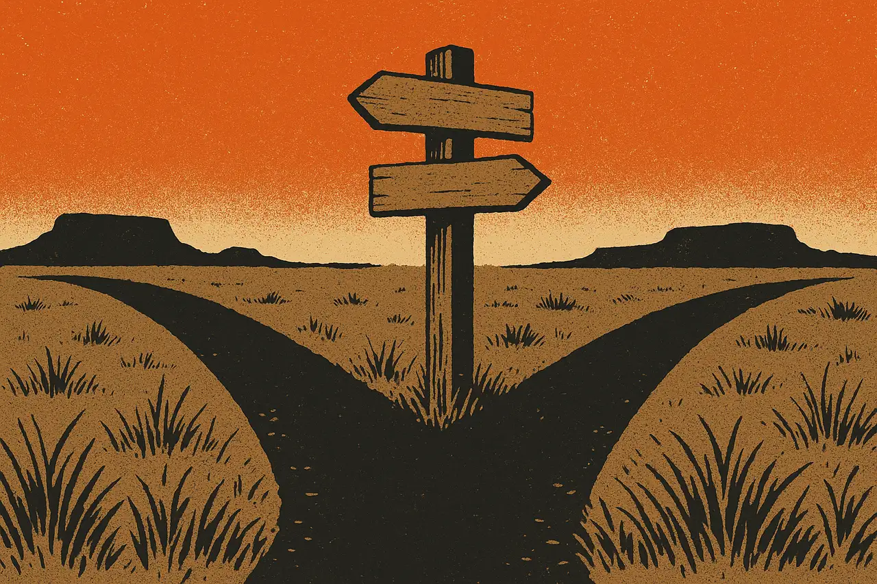 A dirt trail forking in two directions across an open western plain, a wooden trail-marker post with two blank arrows at the split, distant mesas under a burnt-orange sky, in a flat screen-print poster style