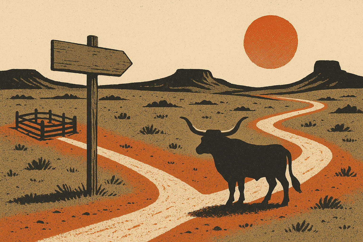 Screen-print illustration of a dusty western trail forking at a blank signpost, a short path to a nearby corral and a long winding path toward distant mesas, a lone longhorn standing at the fork