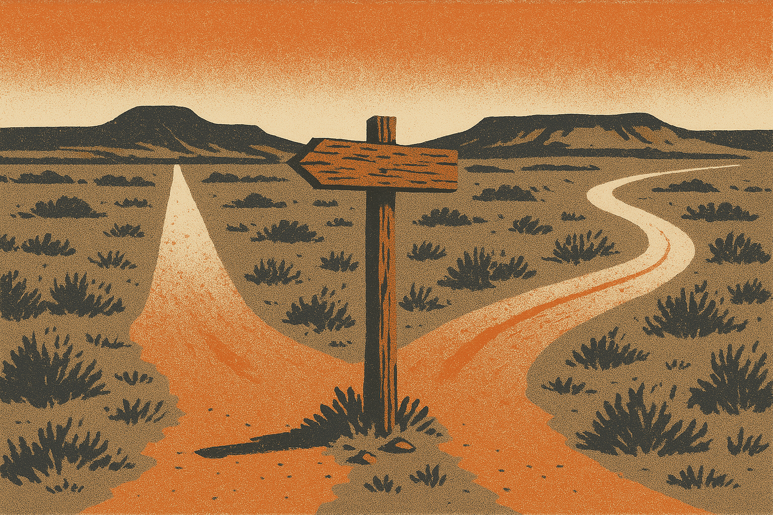 Screen-print illustration of a dusty western trail forking into two diverging paths across the plains, one short and straight, one longer and winding, with a blank wooden marker post at the fork, in ember orange, charcoal, bone and tan.